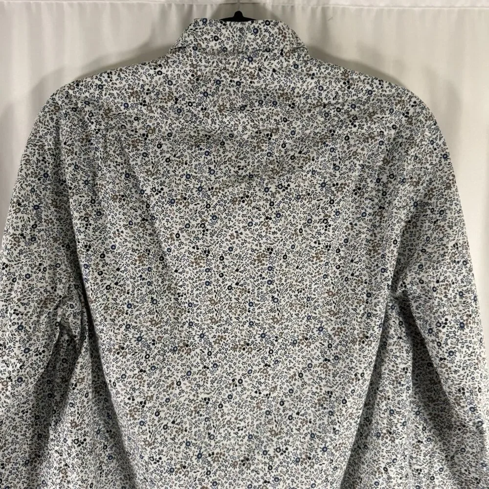 J. Crew Flex Washed Dress Shirt Men's Medium White Floral Slim Button Up Long Sl